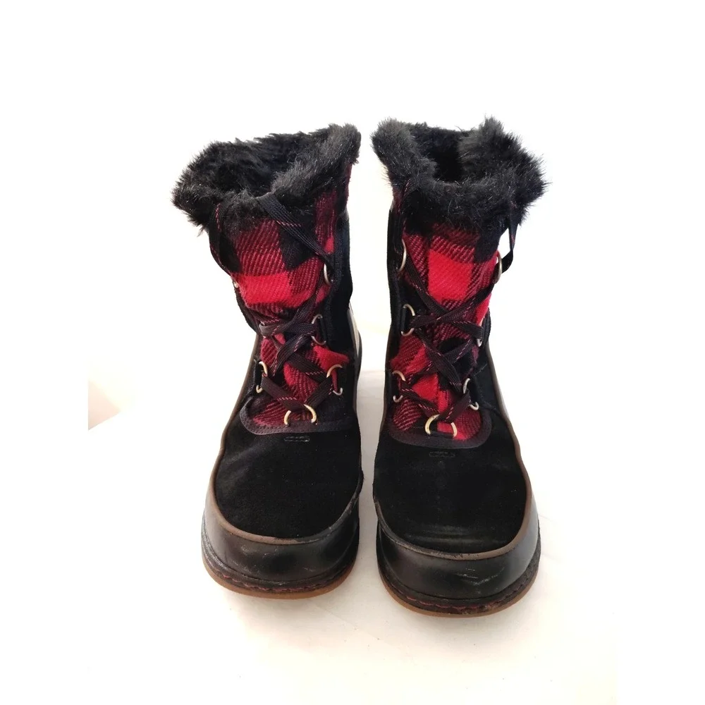 Sorel Women 8.5 Slimpack II Black Suede Red Plaid Fur Lined Waterproof Duck Boot